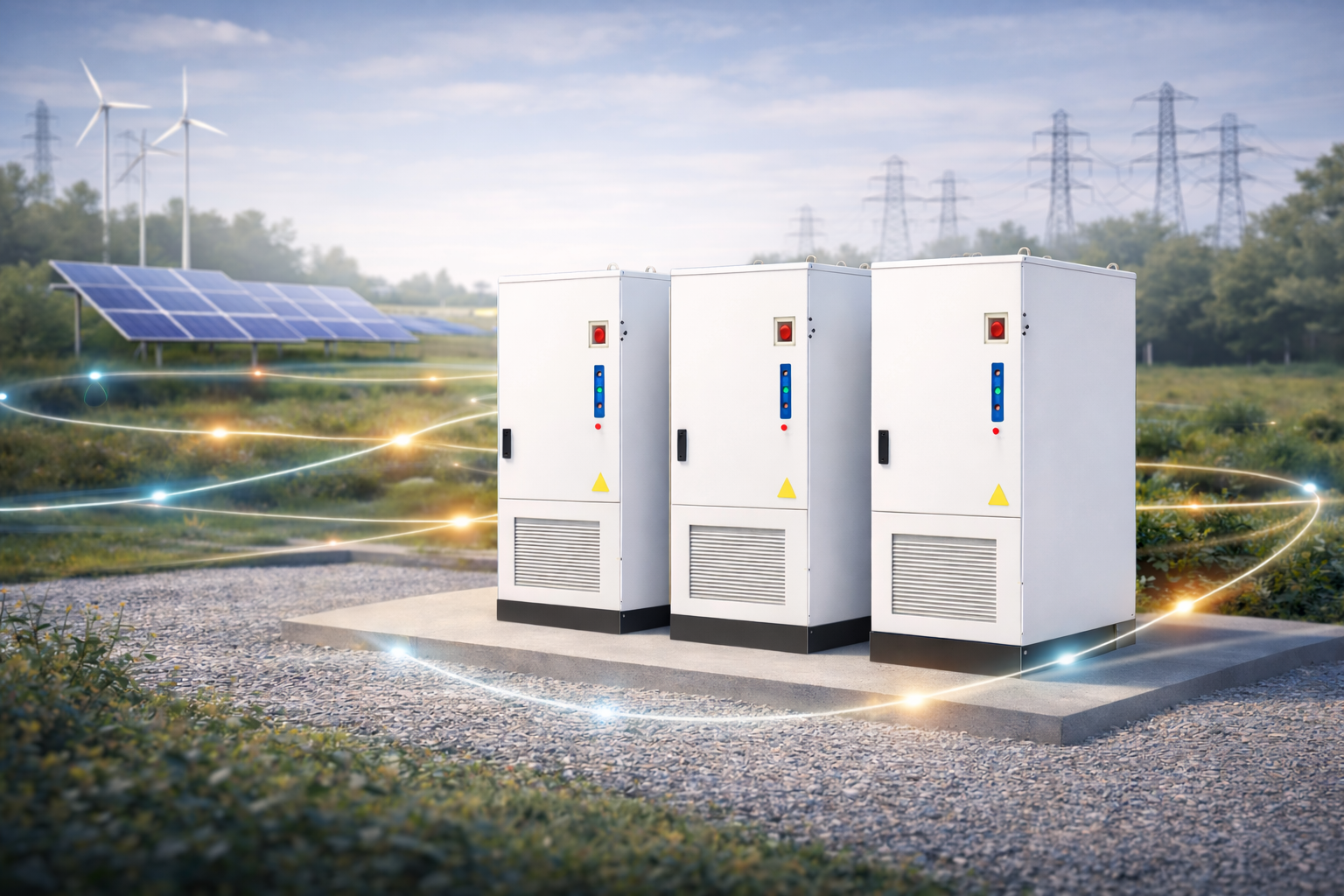 Drei weiße Batteriespeicher in einer Naturlandschaft mit Solarpanelen, Windturbinen und Stromleitungen im Hintergrund. Es werden digitale Energieströme dargestellt.