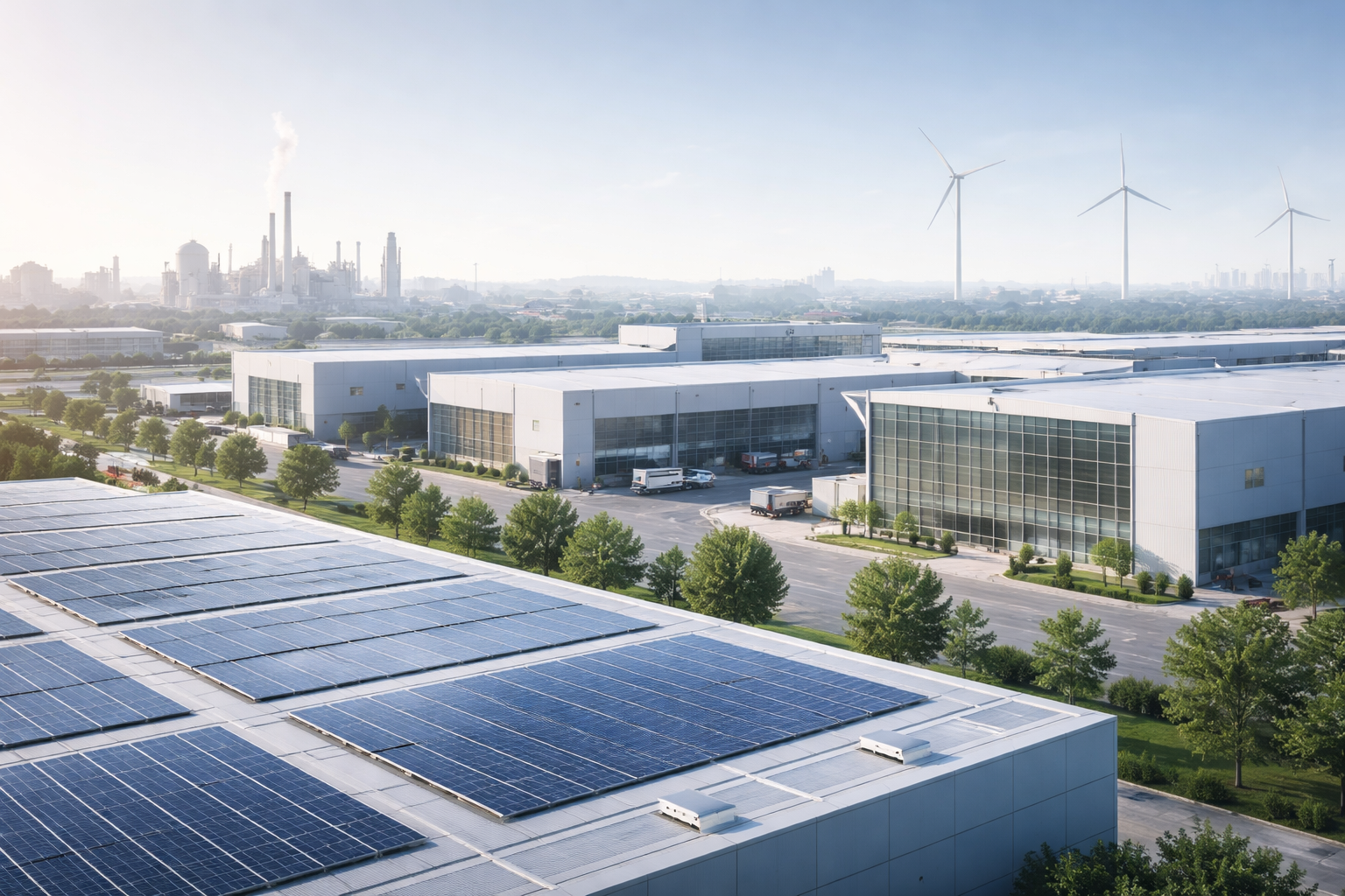 Ein Blick auf ein modernes Industriegebiet mit Solaranlagen auf den Dächern, größeren Gebäuden, Bussen und LKWs sowie Windkraftanlagen im Hintergrund, bei klarem Himmel.