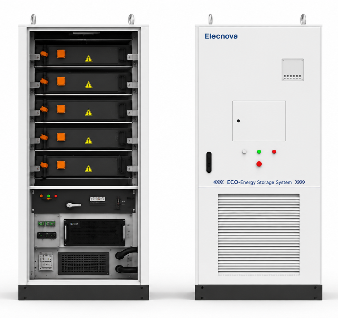 Energiespeichersystem mit mehreren Batterien und Steuerungseinheit, aufgedruckt mit 'ECO-Energy Storage System', in einer technischen Umgebung.