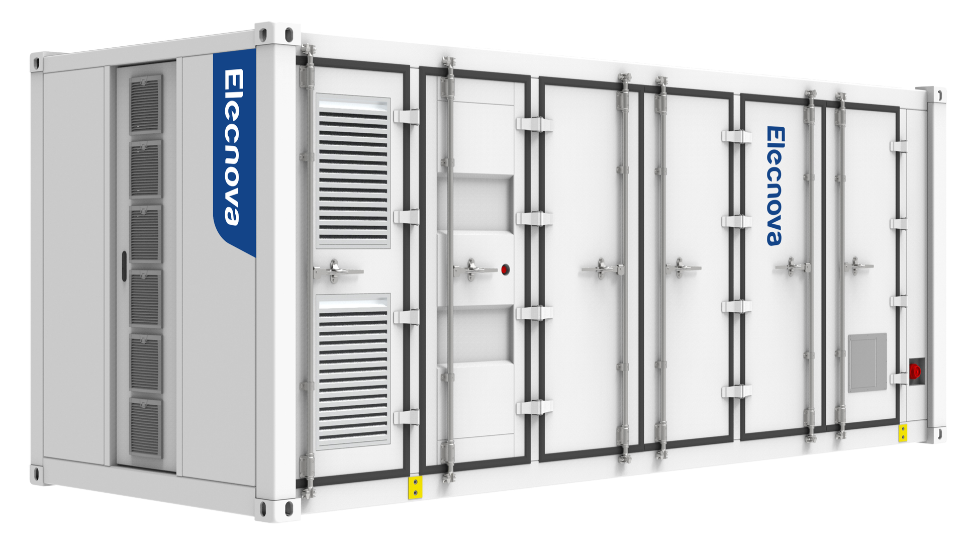 Großes elektrische Technikgehäuse mit mehreren Türen, Ventilationsöffnungen und Kabelanschlüssen, Beschriftung mit 'Elecnowa' auf blauer Leiste an der Seite