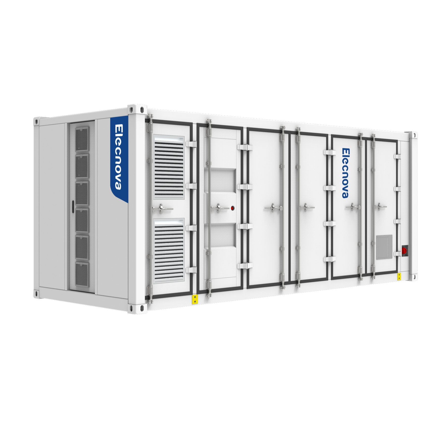 Ein großer Batteriecontainer mit der blauen Aufschrift "ELECNOVA" auf der linken Seite und mehreren Türen mit Beschlägen. Das Gehäuse hat Belüftungsöffnungen und einen kleinen roten Not-Aus-Schalter.