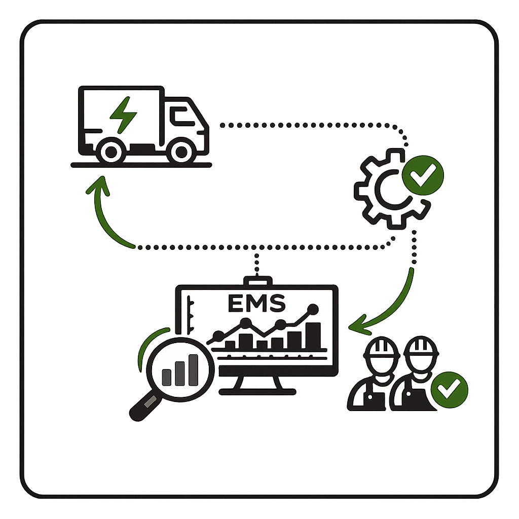 Grafische Darstellung eines elektrisch betriebenen Fahrzeugs, das in einem Kreislauf mit Überwachung und Analyse durch ein EMS-System (Energie-Management-System) verbunden ist, inklusive Symbolen für Energie, Überwachung und Teamarbeit.