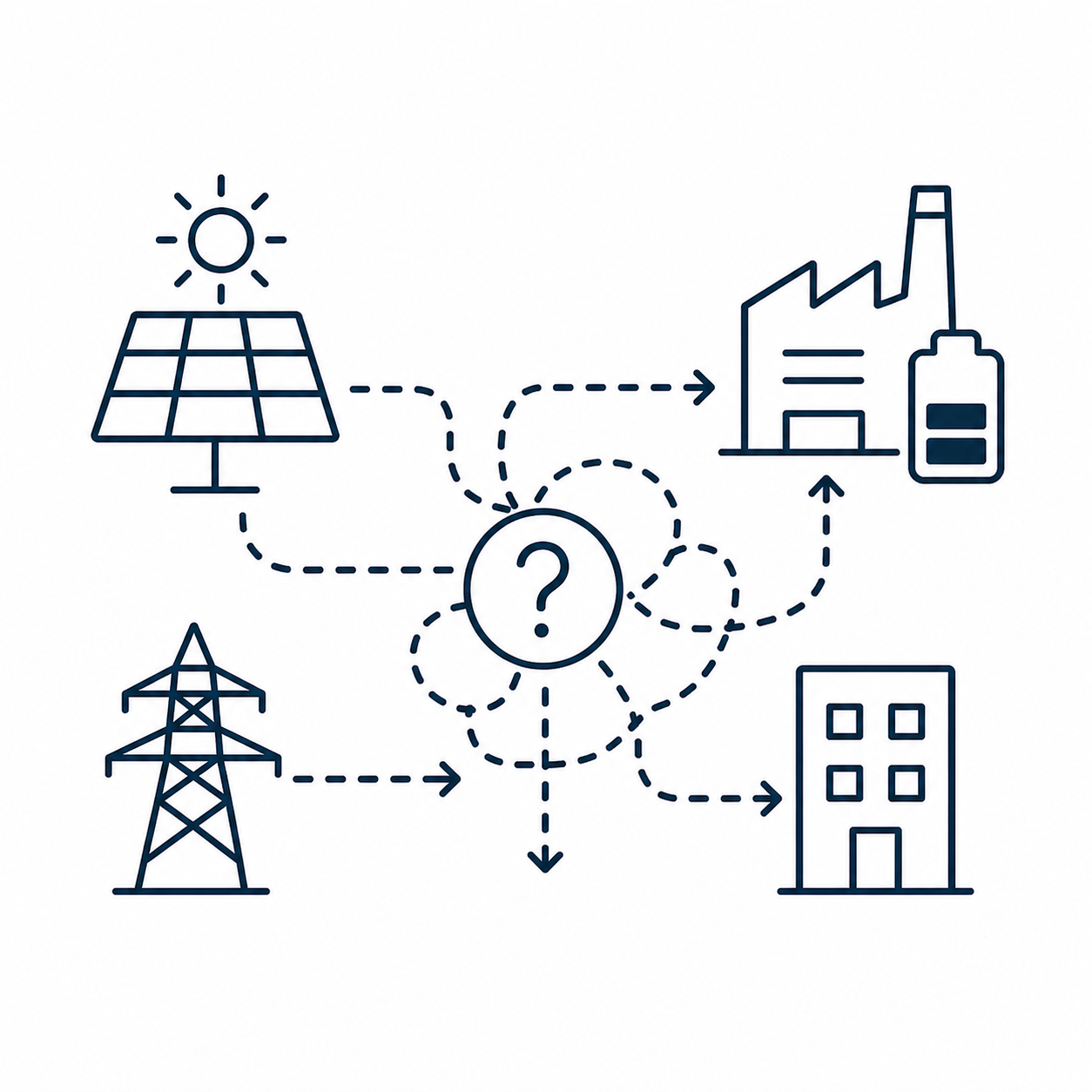 Illustration eines Stromnetzes mit Solarzelle, Windkraftanlage, Fabrik, Gebäude und einer zentralen Fragezeichenmarke, verbunden durch gestrichelte Linien.