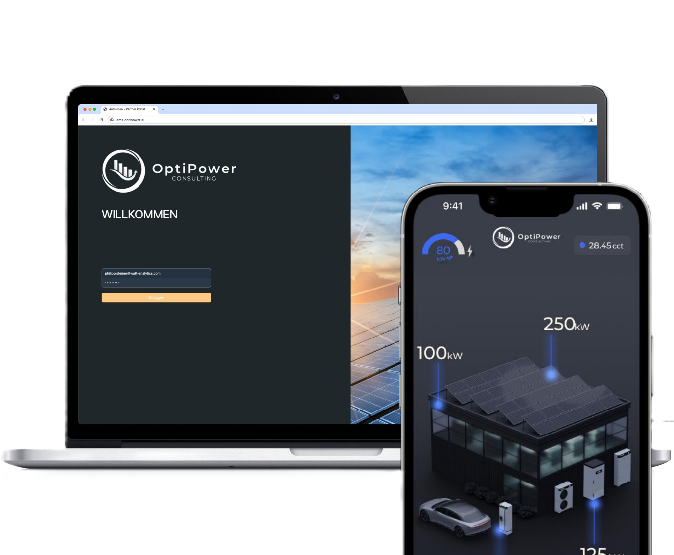 Bild zeigt einen Laptop und ein Smartphone mit Solar- und Energiemanagement-Apps, die Solarenergie, Energieverbrauch und Ladepunkte für Elektroautos darstellen.