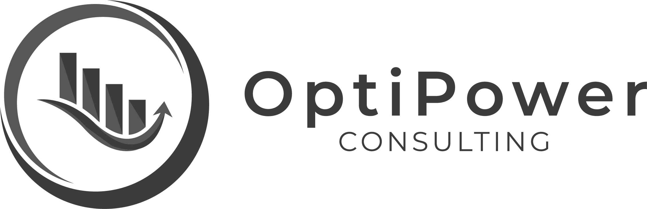 Logo von OptiPower Consulting mit einem stilisierten Diagramm und Pfeil in Schwarz- und Grautönen.