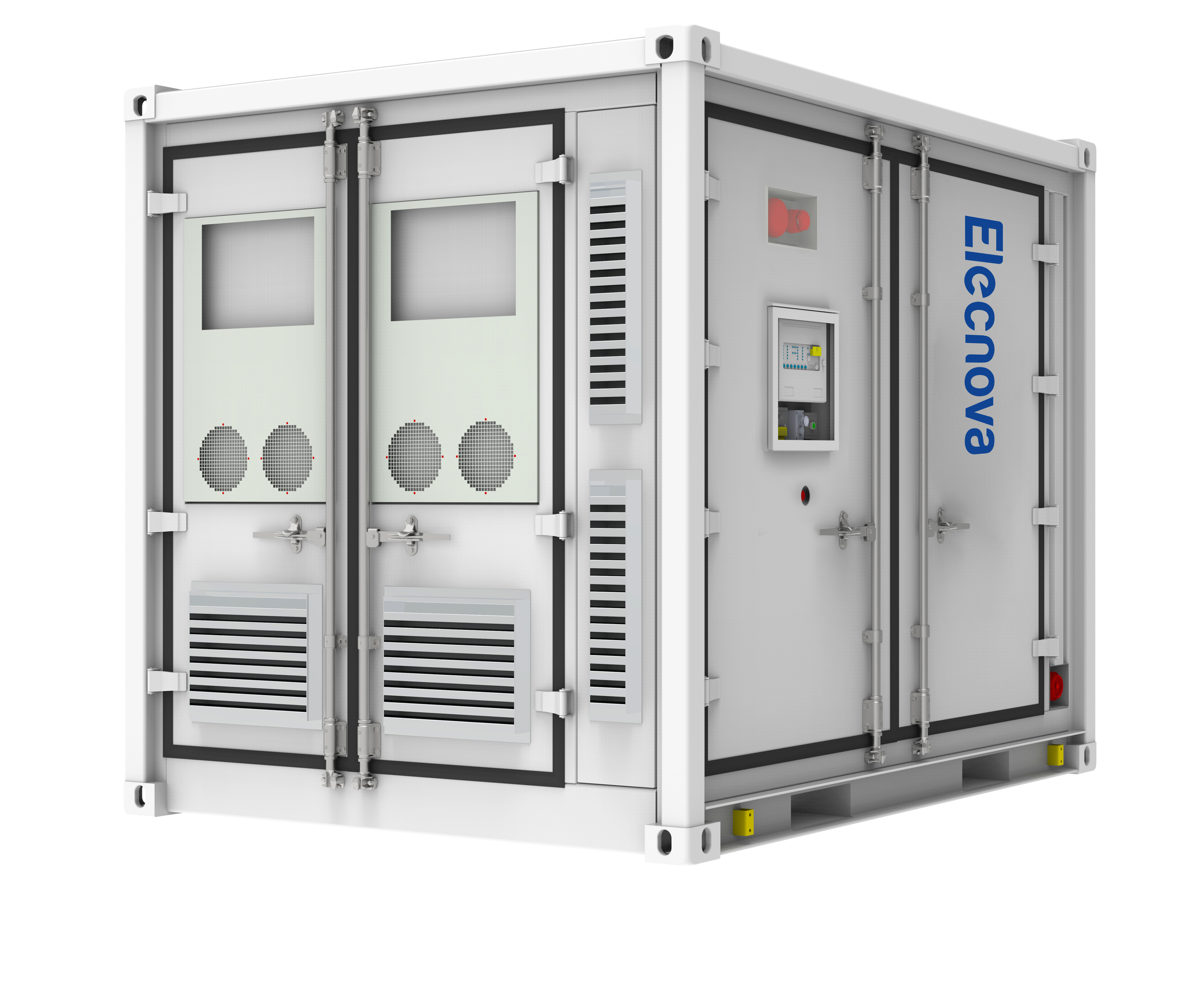 Ein Batteriecontainer für die Stromversorgung mit mehreren Türen, Metallrahmen, Ventilatoren, Steuerungselementen und Lichtern.