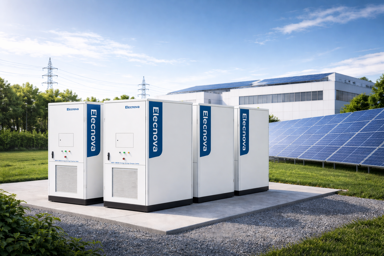Energiespeicherstation mit vier weißen Containern und dem blauen Label 'Elconova', umgeben von Solarzellen auf einer Wiese mit einem Industriegebäude im Hintergrund.