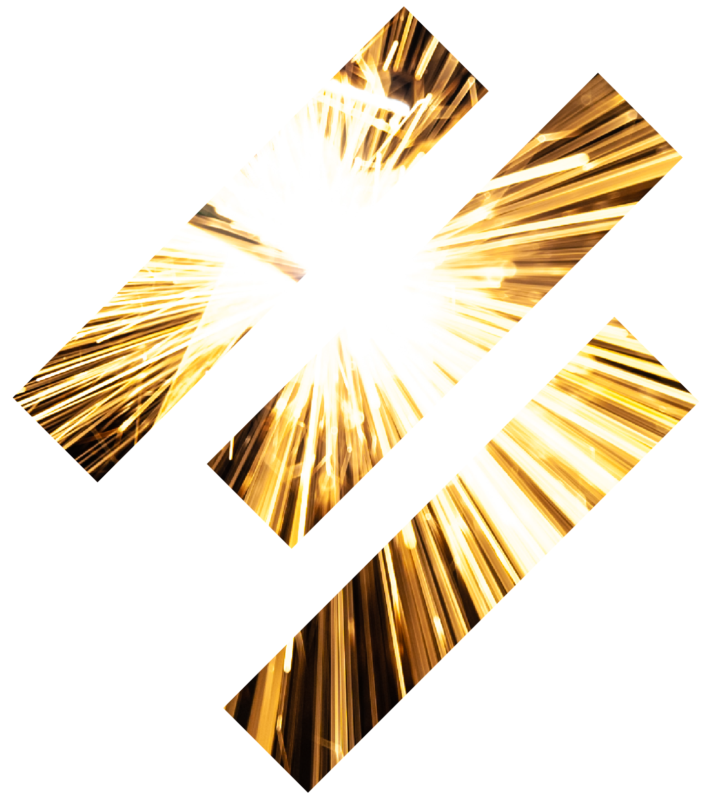 Digital artwork resembling an explosion of bright gold and white light with glitch-like colored pixelation and streaks radiating outward from a central point.