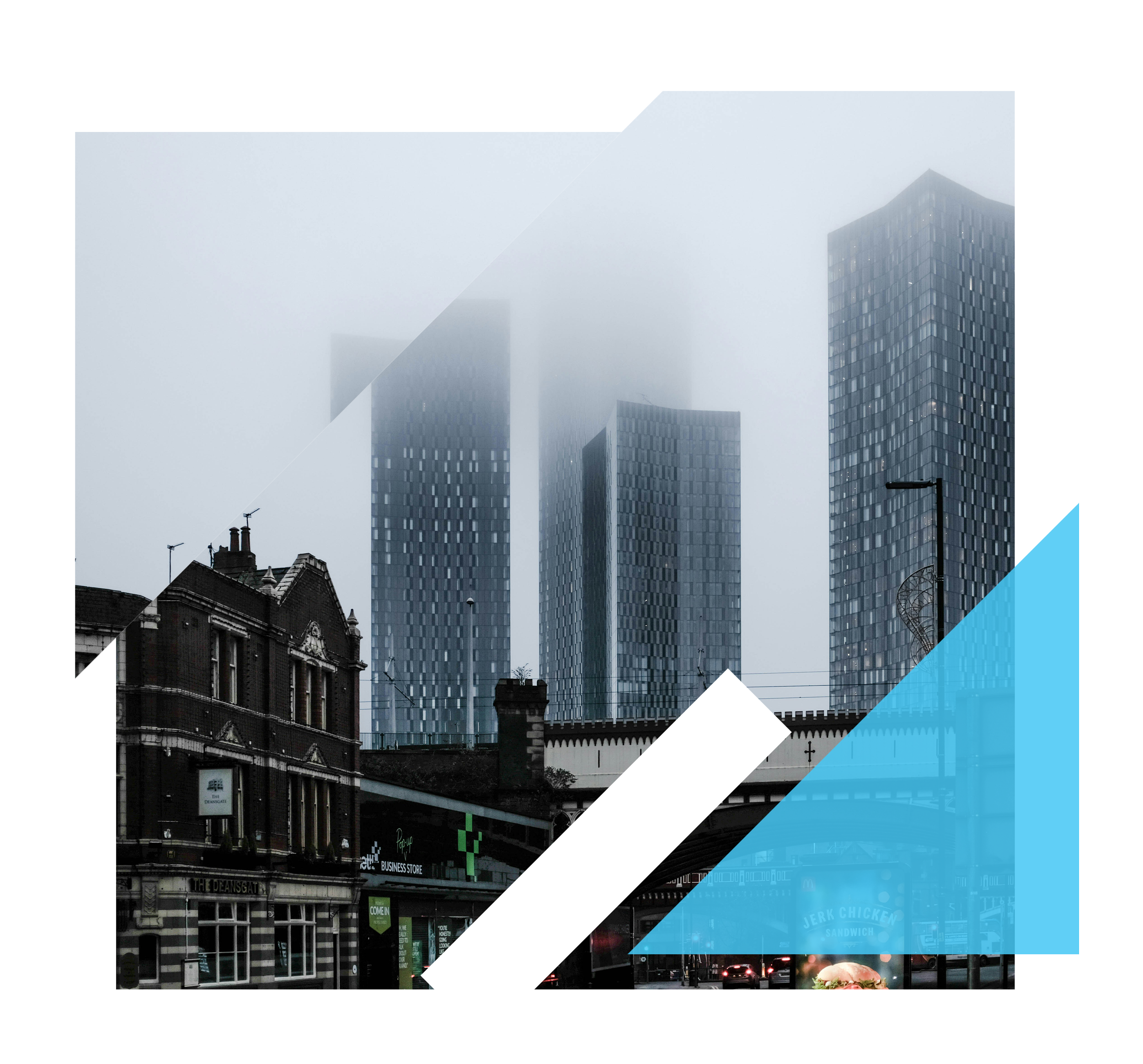 Cityscape with modern high-rise buildings shrouded in fog, traditional brick storefronts in the foreground, and a bridge crossing below.