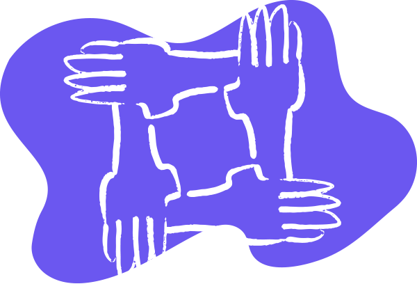 Line drawing of four hands interconnected, forming a square shape with a blue background.