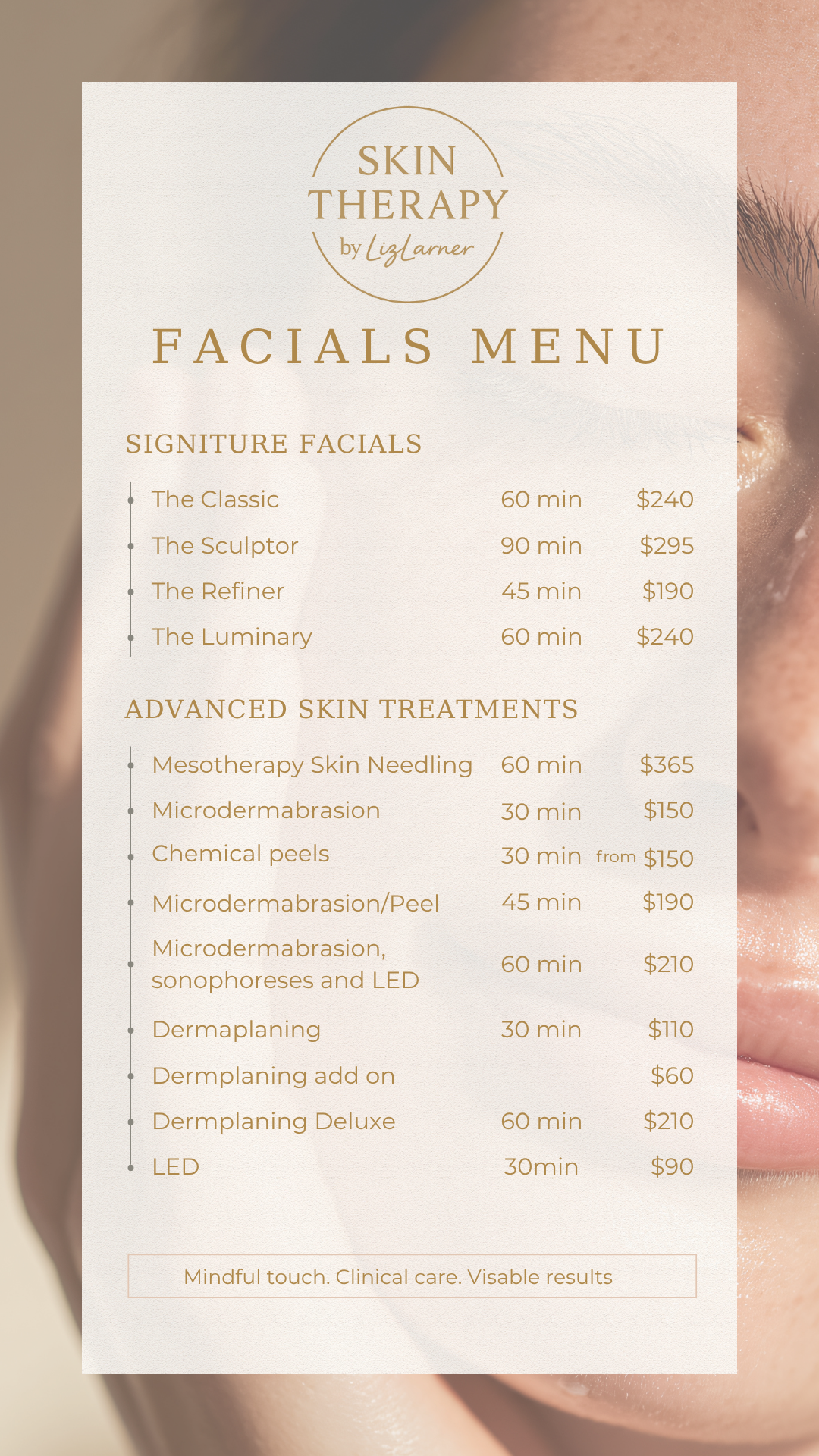 Skincare services menu with facial treatments, durations, and prices, over a blurred close-up of a person's face.