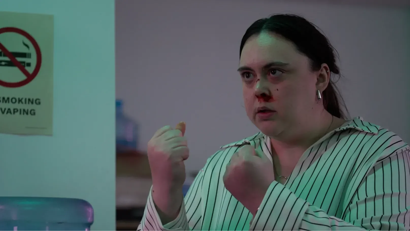 The image shows a cover page of a creative writing piece titled 'FIGHT ME' by Sarah Grant, dated December 2024. It includes contact information and a brief description of a scene involving a young woman at dawn in a field.