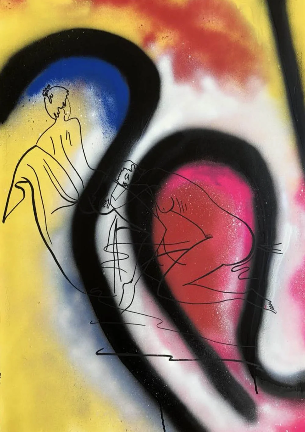 Abstract/Figurative Series:  
'Two figures Screen Printed on Graffiti spray No1' 
Size: 70cm wide x 100cm high 
