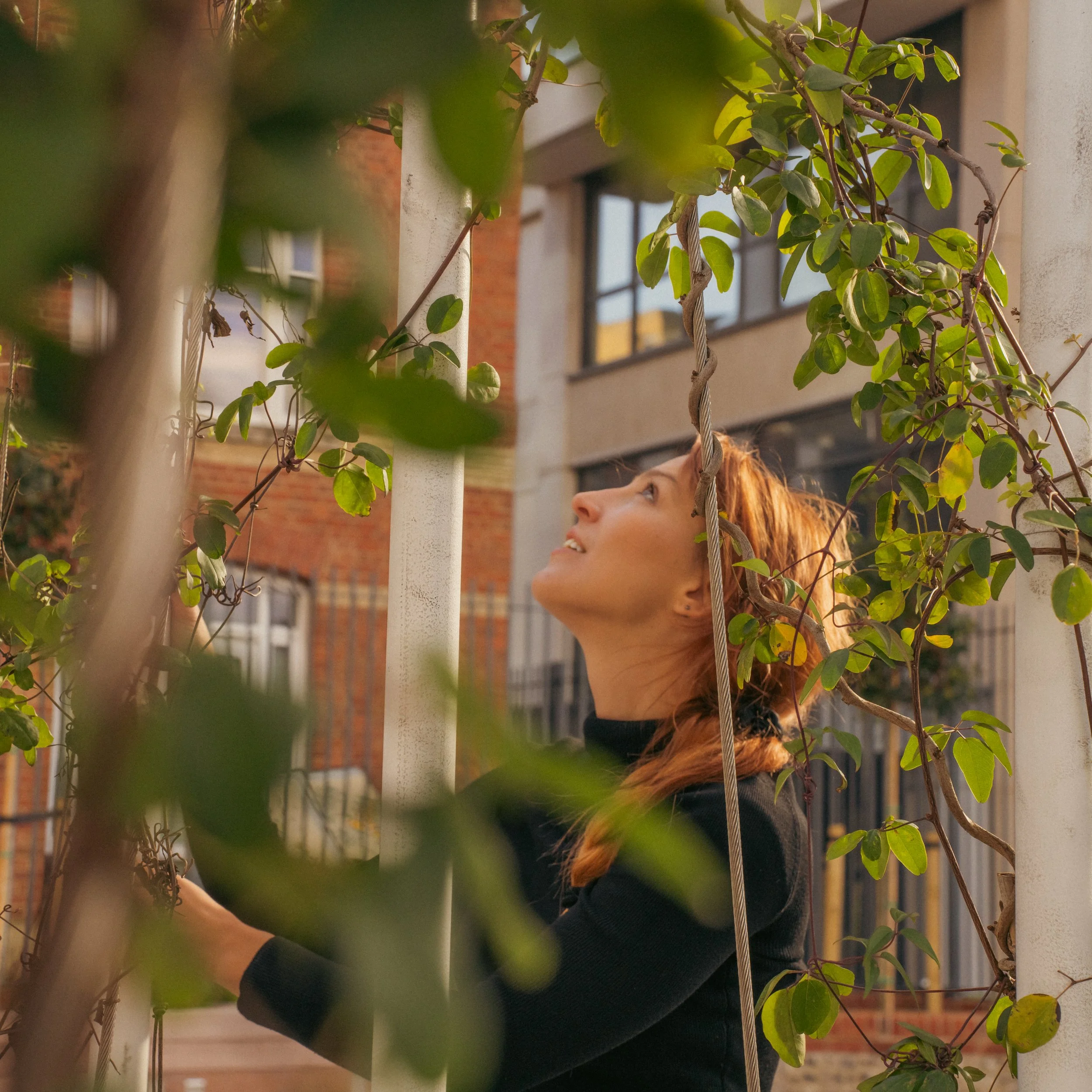 A woman with reddish hair looking up while standing among green climbing plants on a metal structure in an urban setting.
