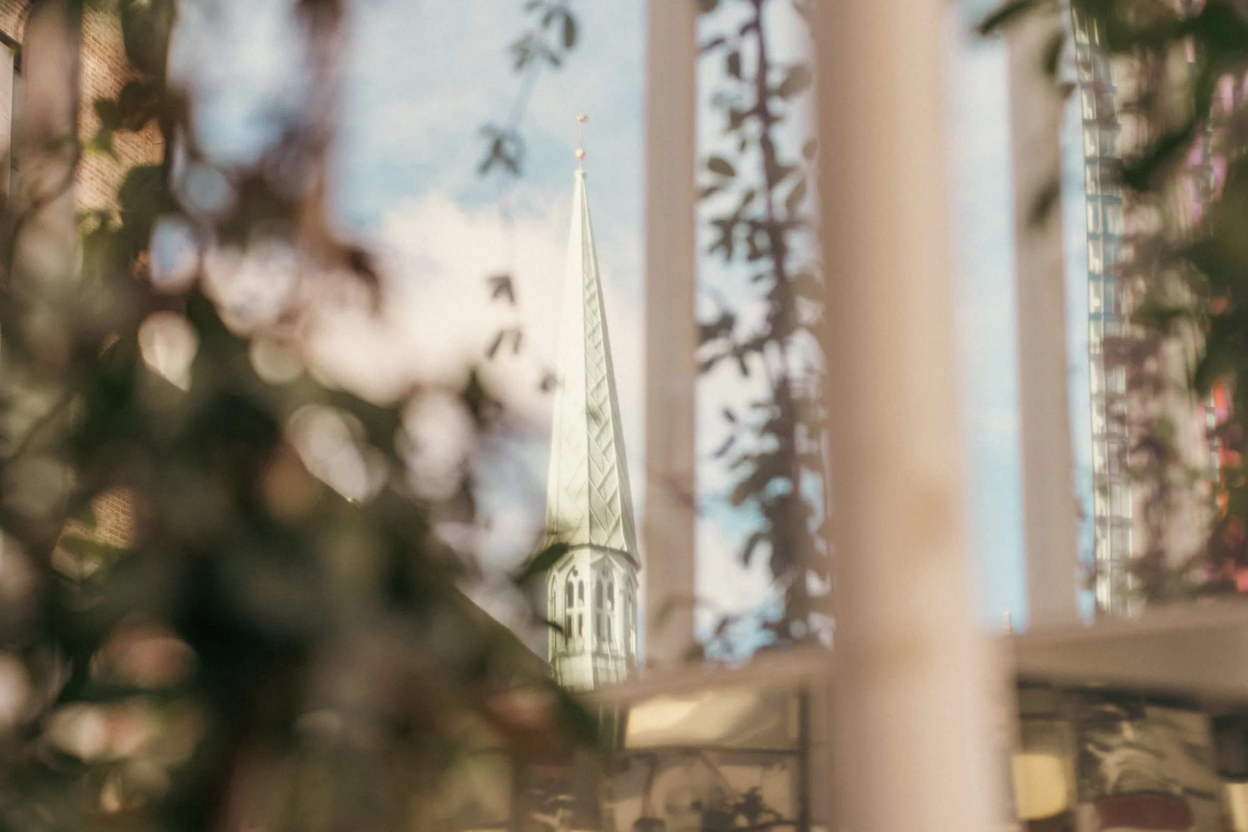 Blurred view of a church steeple seen through window grills, with pink flowers in the foreground.