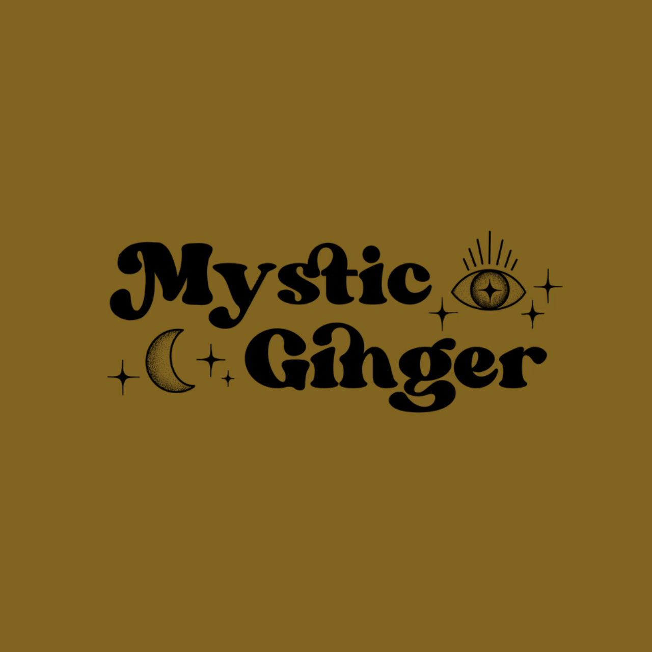 Logo for Mystic Ginger with a gold background, black text, and mystical symbols including an eye, moon, and stars.