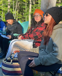 People sitting outdoors by a campfire with camping gear, wearing warm clothing and hats, enjoying a camping trip in a wooded area.