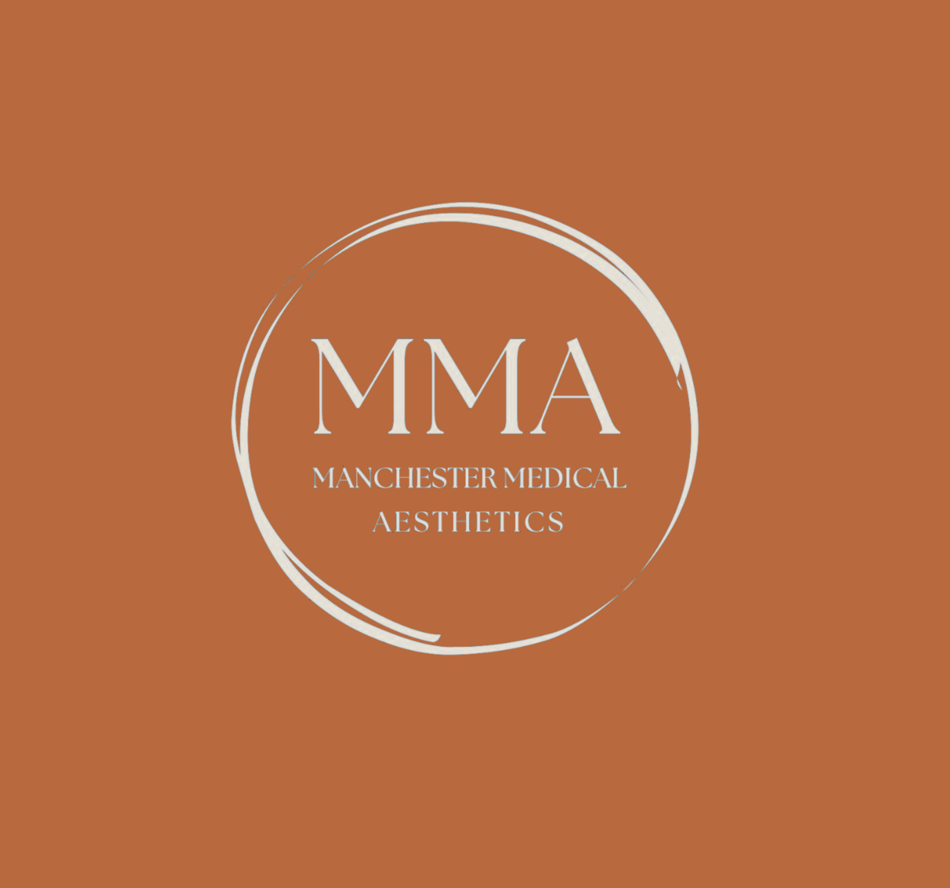Logo for Manchester Medical Aesthetics with the initials MMA inside a circular design on a brown background.