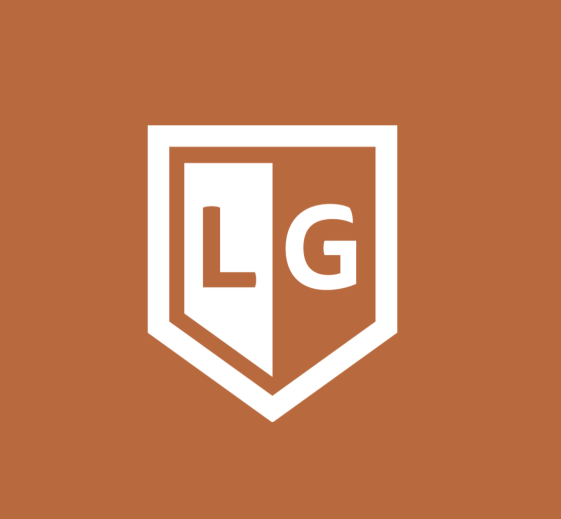 LG logo with white letters on a brown shield-shaped background.