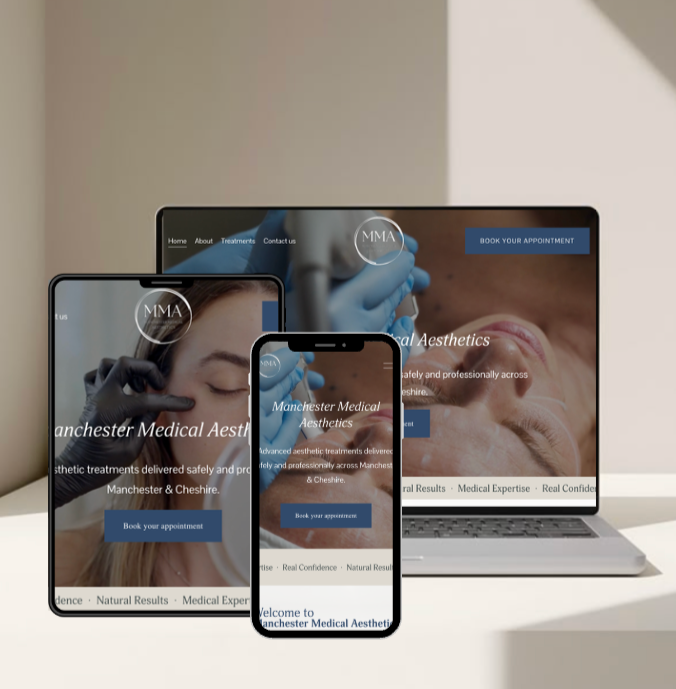 Website shown on a laptop, tablet, and smartphone for Manchester Medical Aesthetics, a clinic offering aesthetic treatments, with a call to action button for booking appointments.