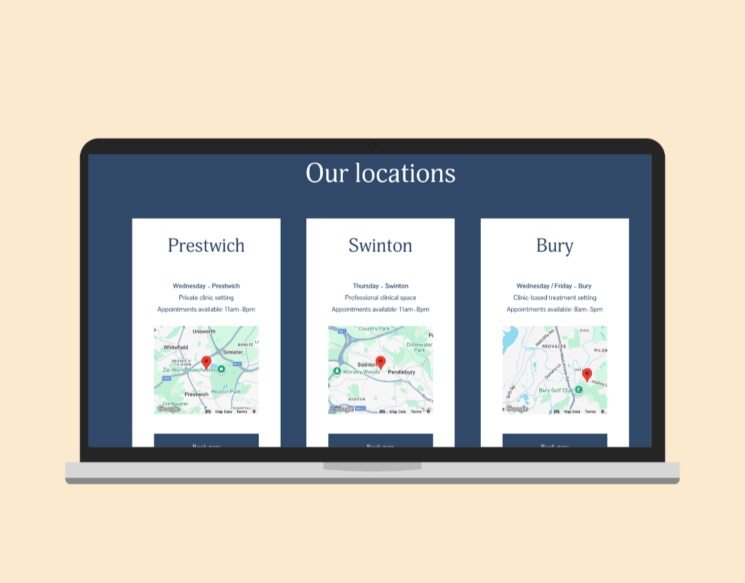 Laptop displaying a website with a section titled 'Our locations' and maps for Prestwich, Swinton, and Bury.