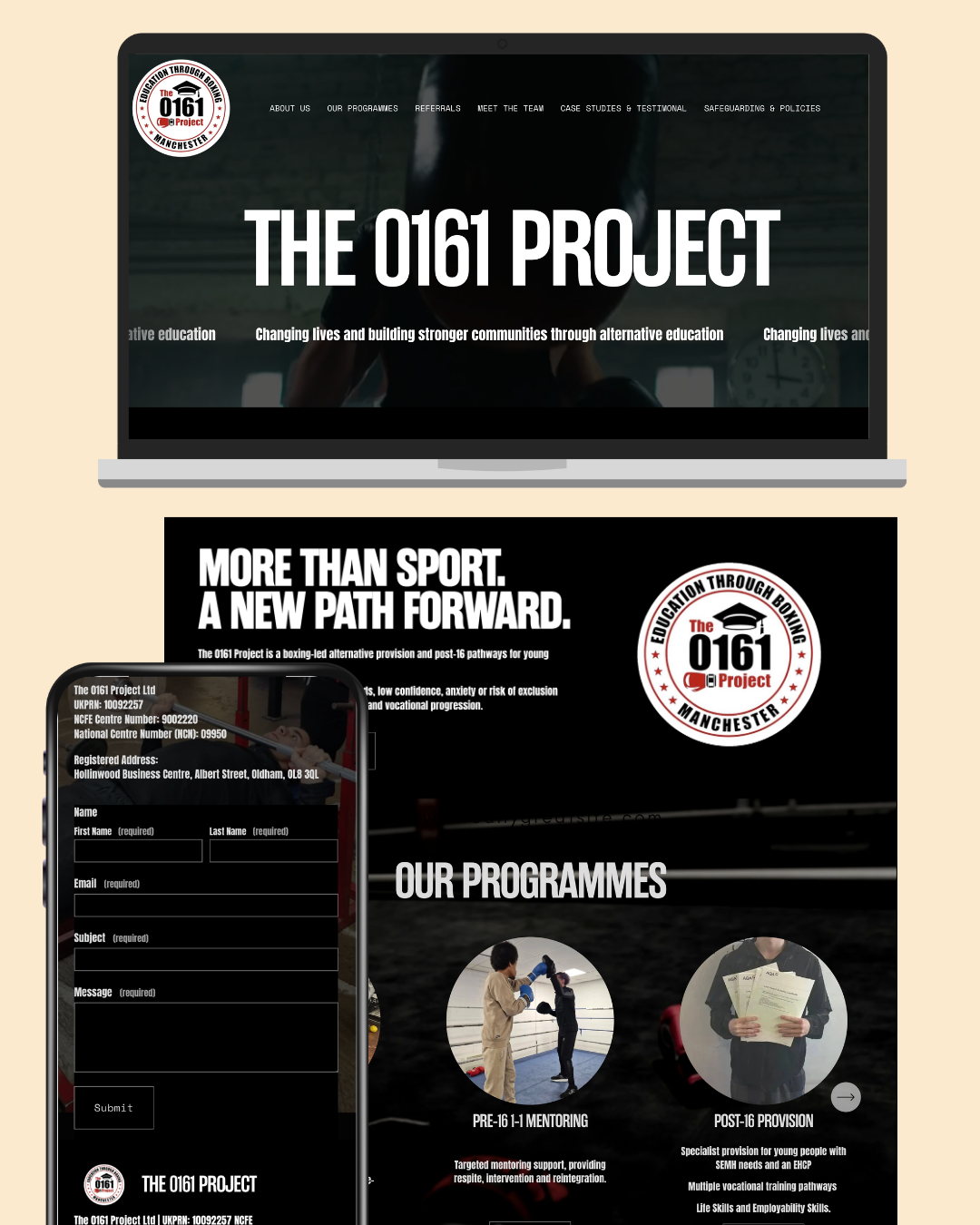 Screenshot of The 0161 Project website featuring information about alternative education through boxing, with program details, registration form, and images of participants training and receiving certificates.