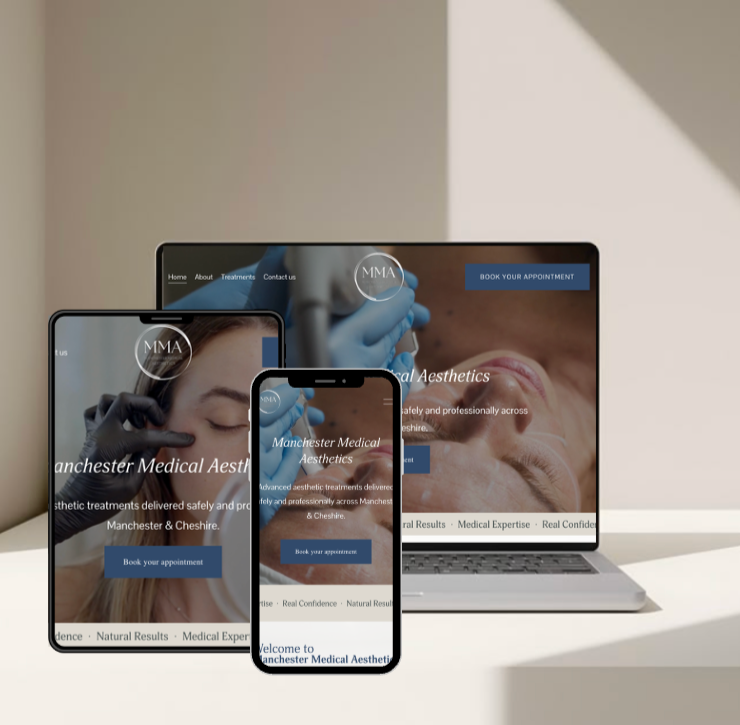 Responsive website displayed on a laptop, tablet, and smartphone for Manchester Medical Aesthetics, showing treatments and a booking option.
