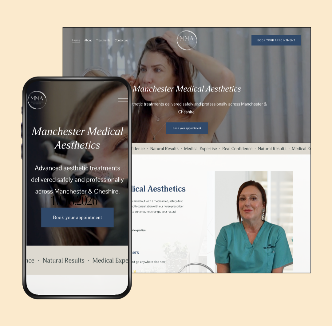 Website and mobile view of Manchester Medical Aesthetics, featuring a woman in a medical setting and a healthcare professional, with options to book an appointment.