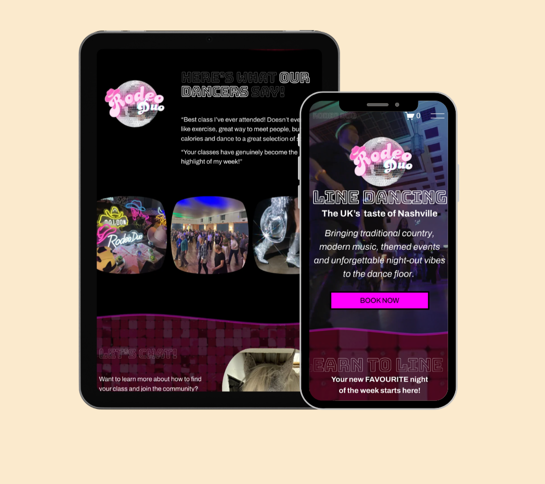 Screenshots of a mobile website promoting Rodeo Duo dance classes, featuring images of dance events, neon signs, and an option to book now.
