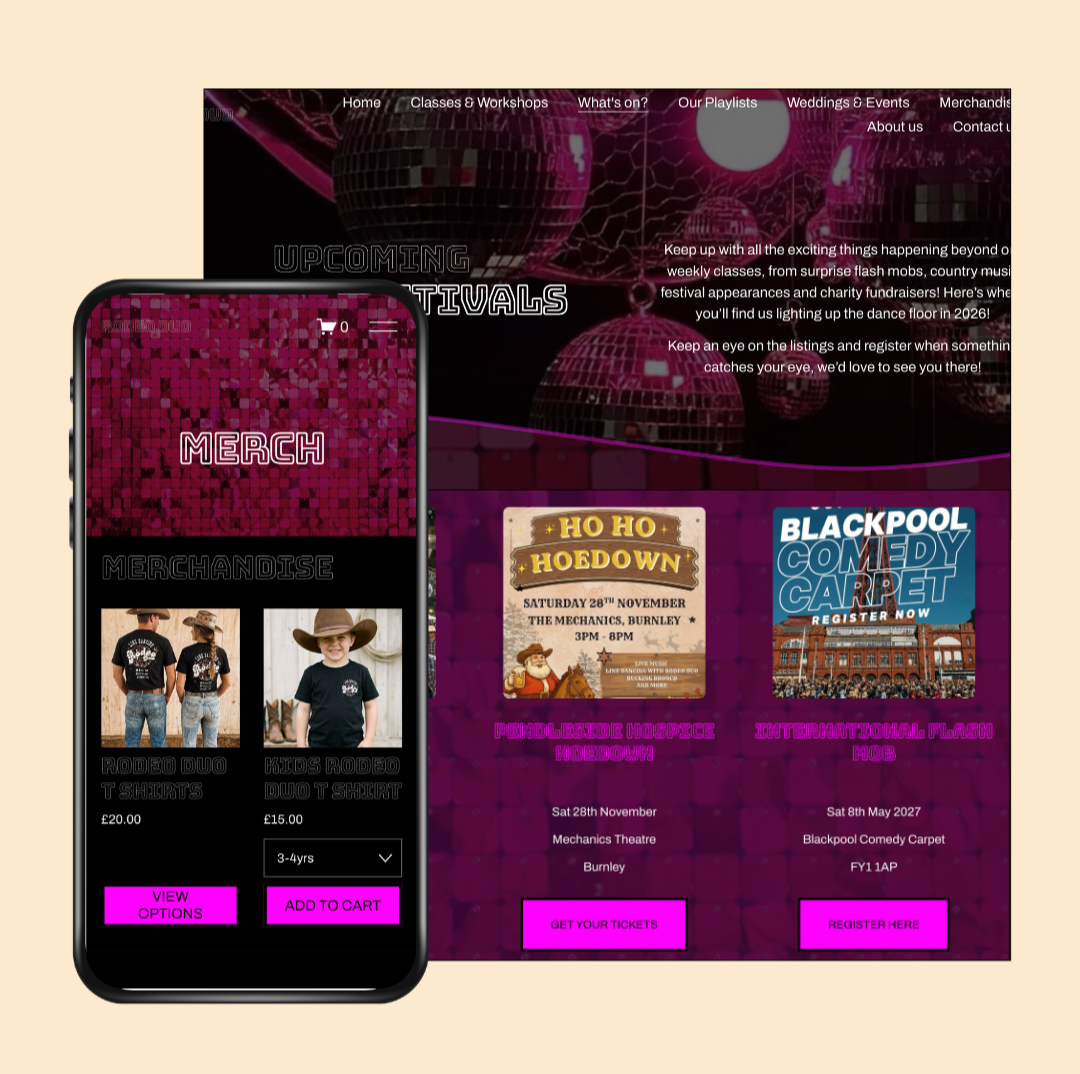 A website and a mobile app interface for a music or event festival, with vibrant pink and black themes. The website indicates upcoming events and ticket registration options, while the mobile app displays merchandise options, including T-shirts for kids and adults, with purchase buttons.