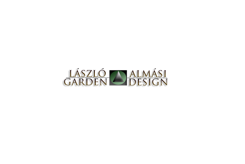 Logo for László Almási Garden Design featuring text and a green triangular symbol.