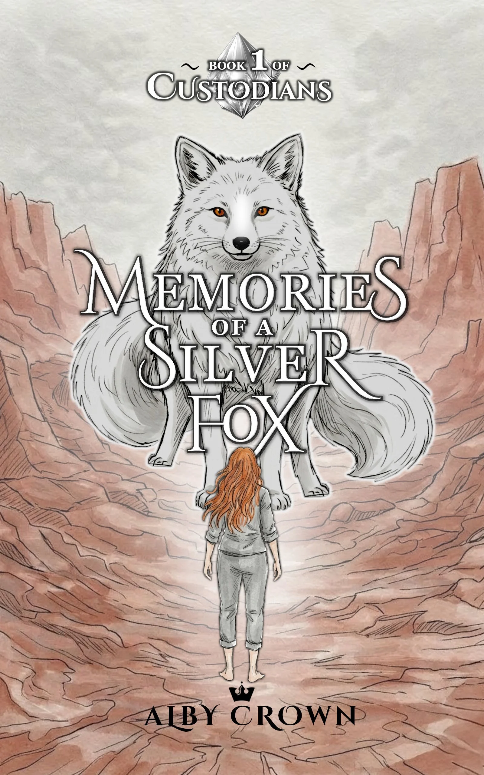 Book cover titled "Memories of a Silver Fox" with a large silver fox in the background and a woman with red hair standing in front of it, set against a rocky canyon background.