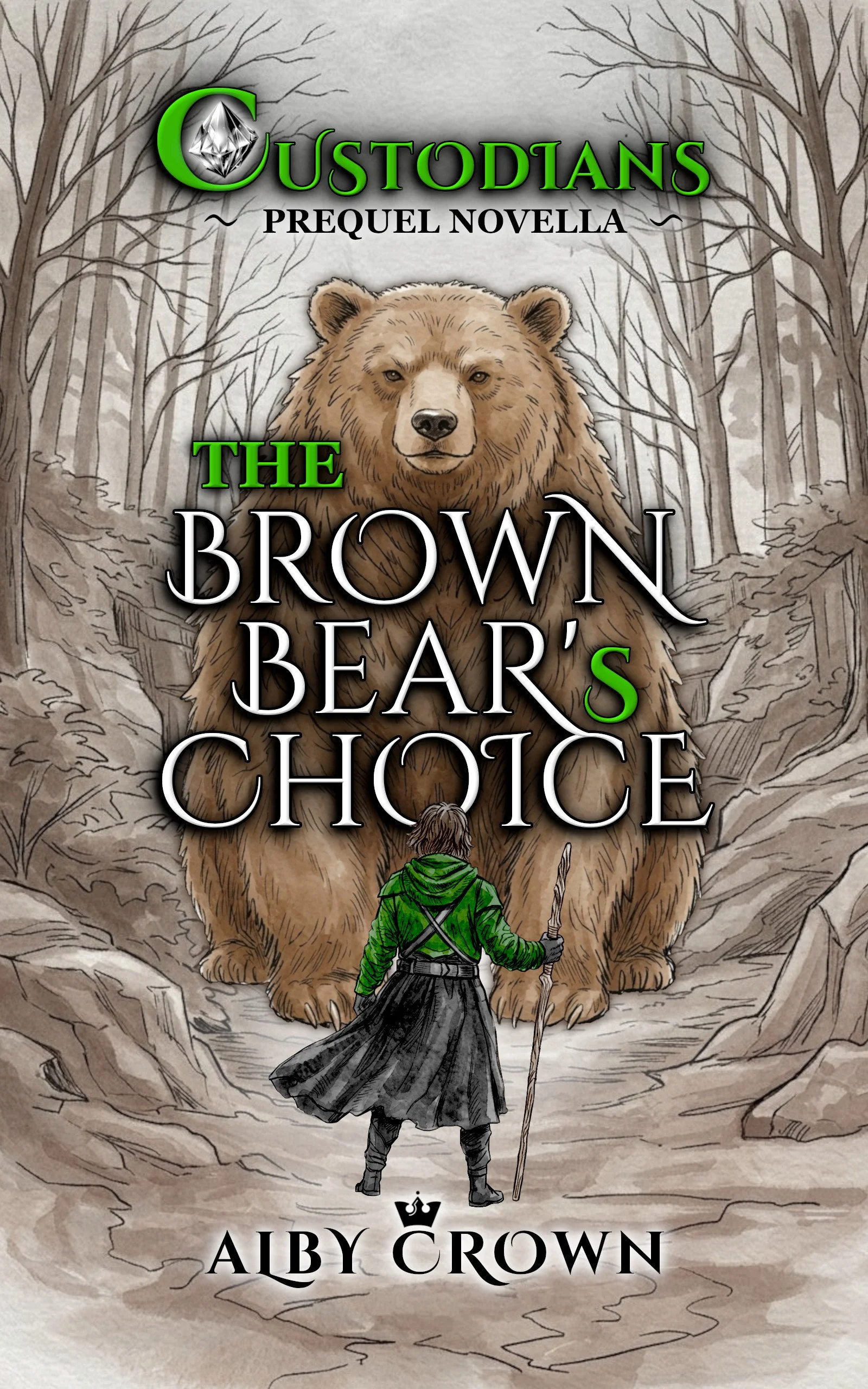 A person with green clothing and a black cape standing in front of a large brown bear in a forest setting, with leafless trees in the background.