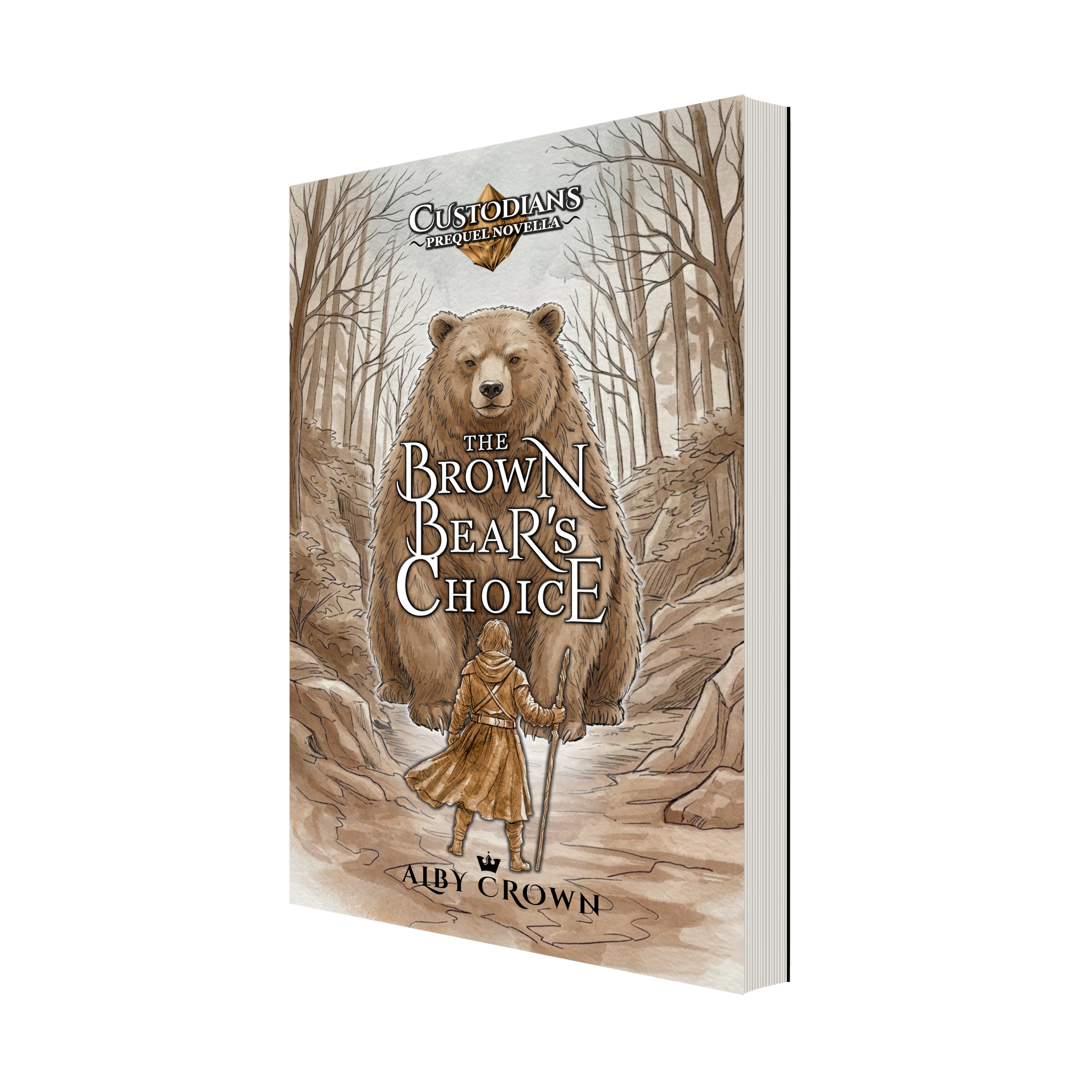 Book cover titled 'The Brown Bear's Choice' by Alby Crown, featuring an illustration of a person standing before a large brown bear in a forest with leafless trees.