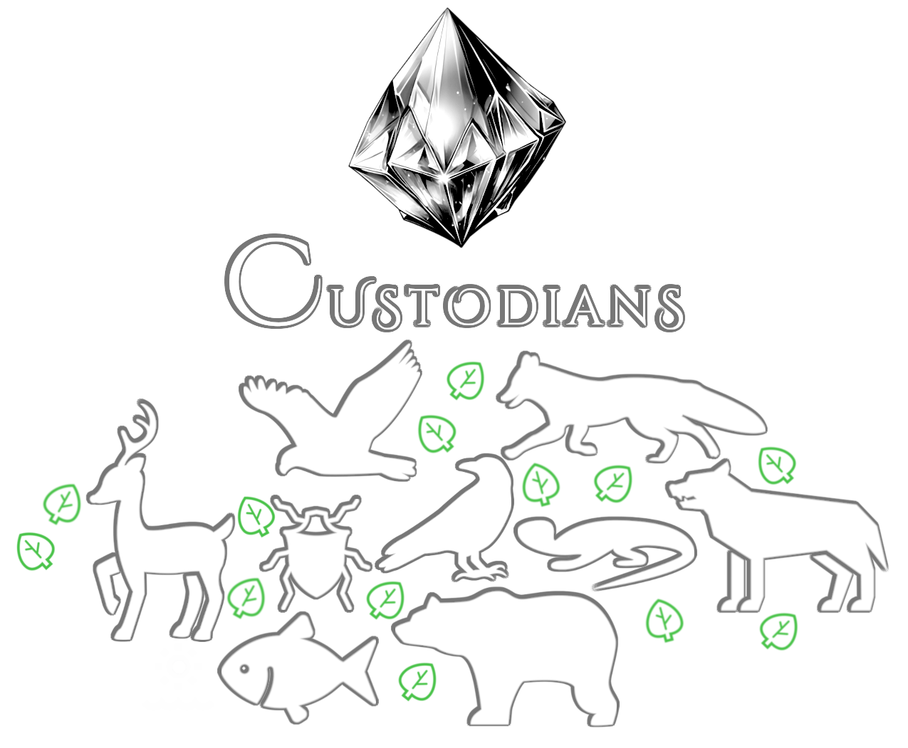 Logo with a crystal at the top, the word "Custodians" in elegant font, and various beasts in black and white with green leaves, including a raven, eagle, fish, wolf, fox, beetle, and bear.