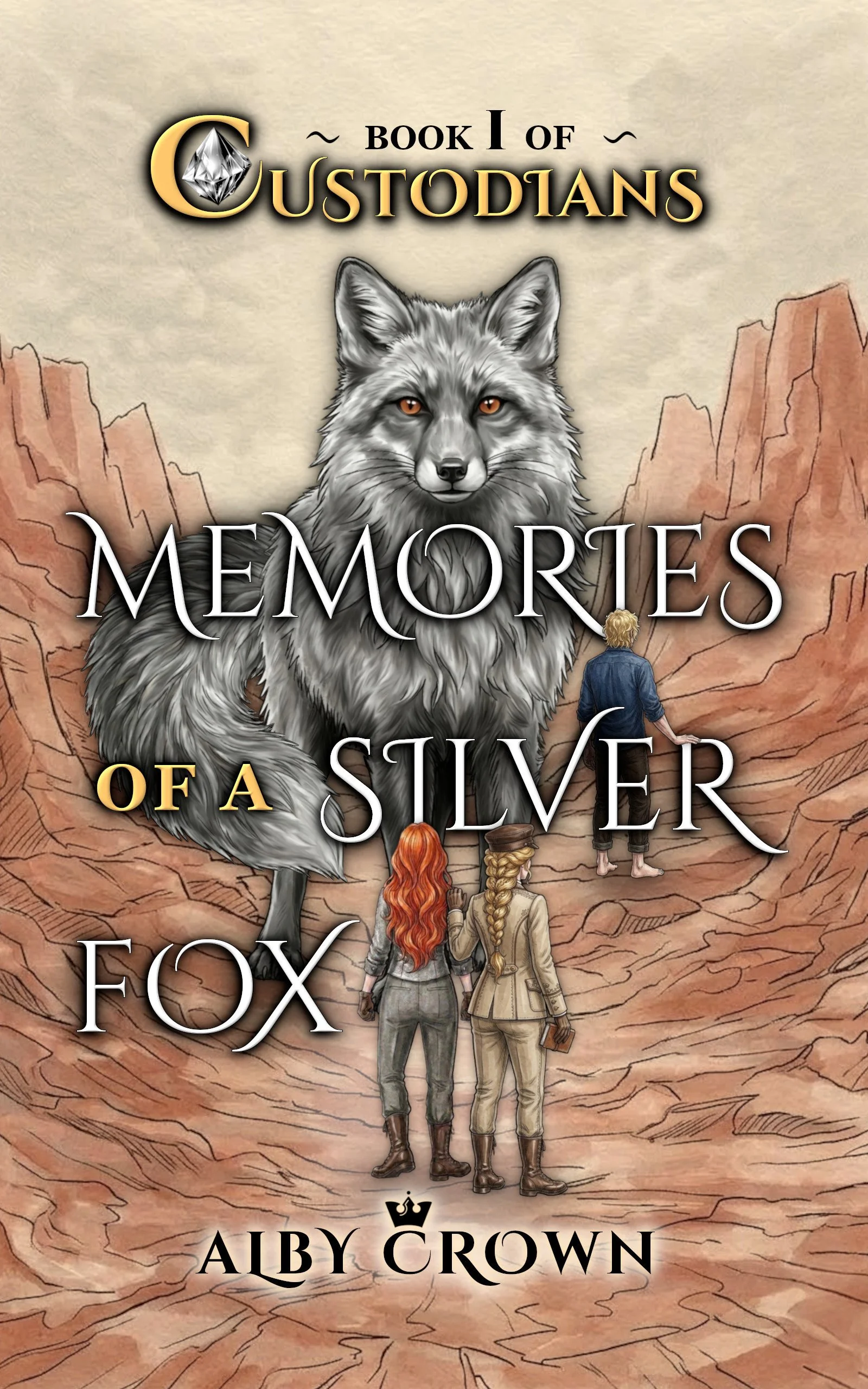 Book cover titled 'Memories of a Silver Fox' by Alby Crown, featuring a drawing of a silver fox and three characters standing in a rocky landscape.