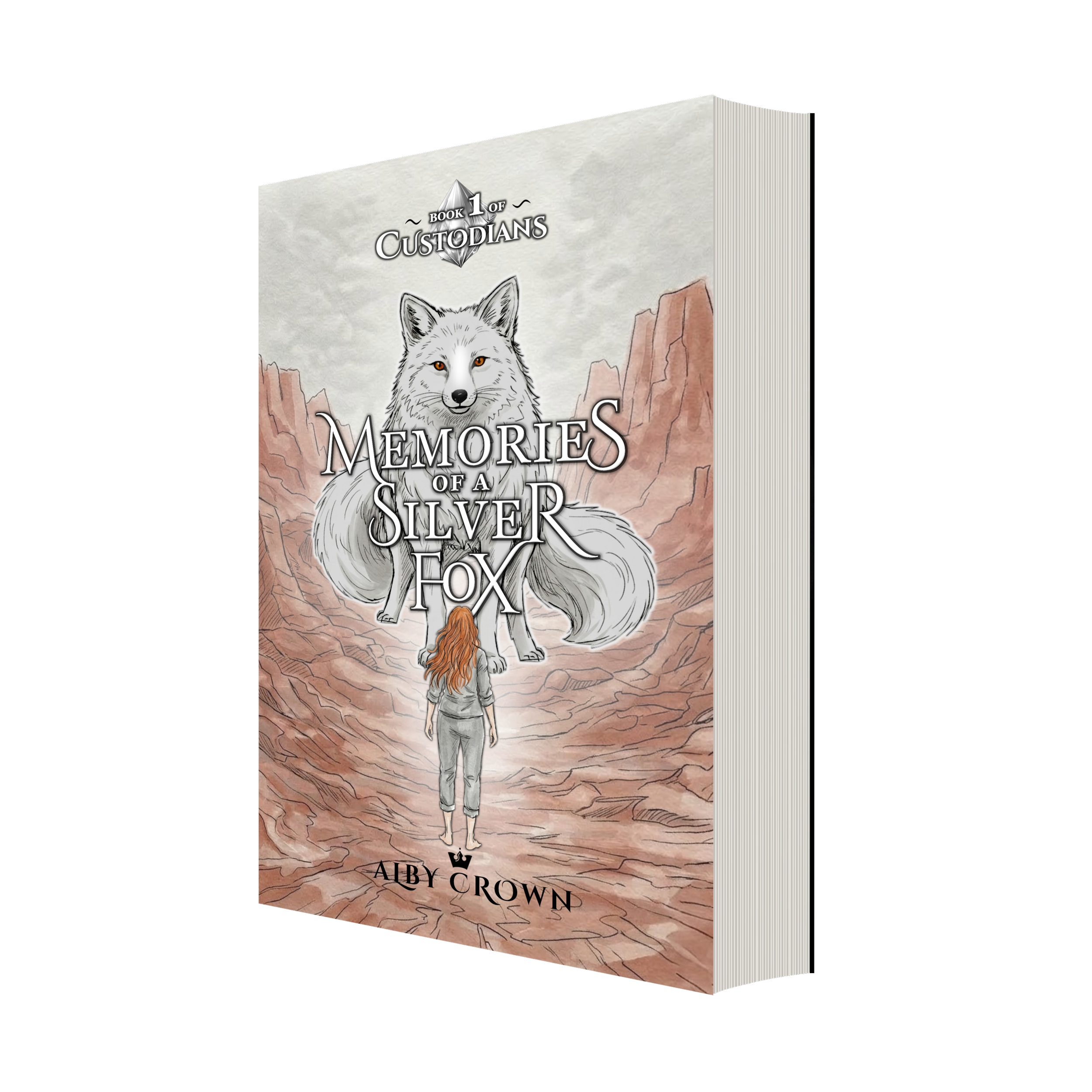 A book titled 'Memories of a Silver Fox' by Alby Crown features a cover illustration of a woman with red hair walking toward a large, silver fox. The background depicts rocky formations and a cloudy sky.
