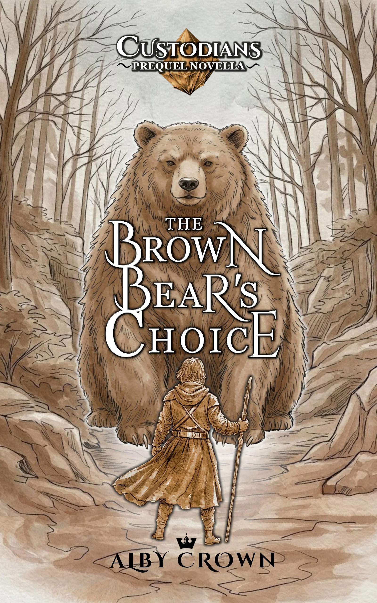 Book cover for "The Brown Bear's Choice" by Alby Crown, featuring a large brown bear and a person in a forest.
