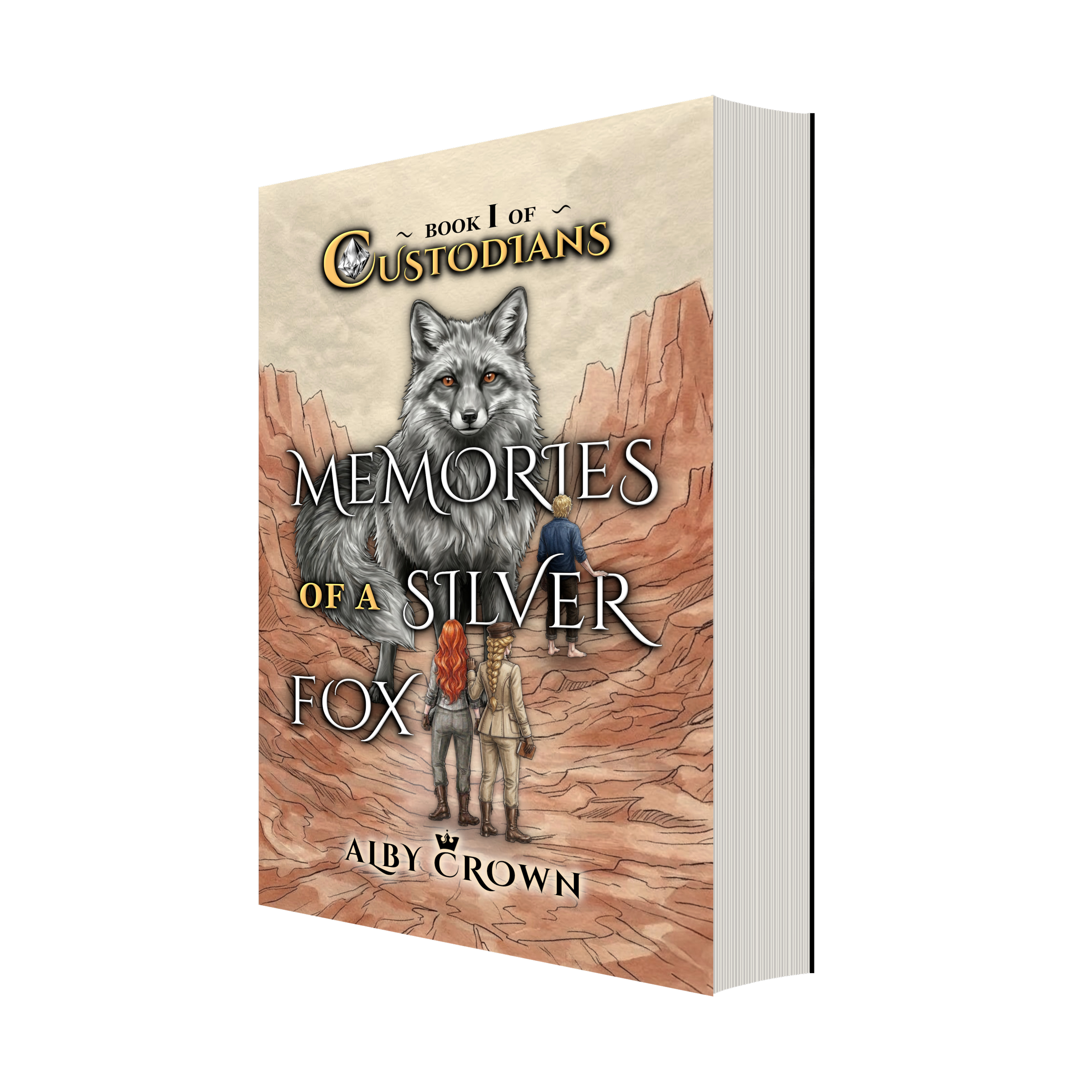 A 3D illustration of a book titled 'Memories of a Silver Fox' by Alby Crown, showing part of the cover with a silver fox, mountains, and a person with long red hair.