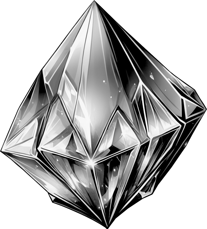 A detailed, black-and-white illustration of a diamond gemstone with intricate facets and reflections.