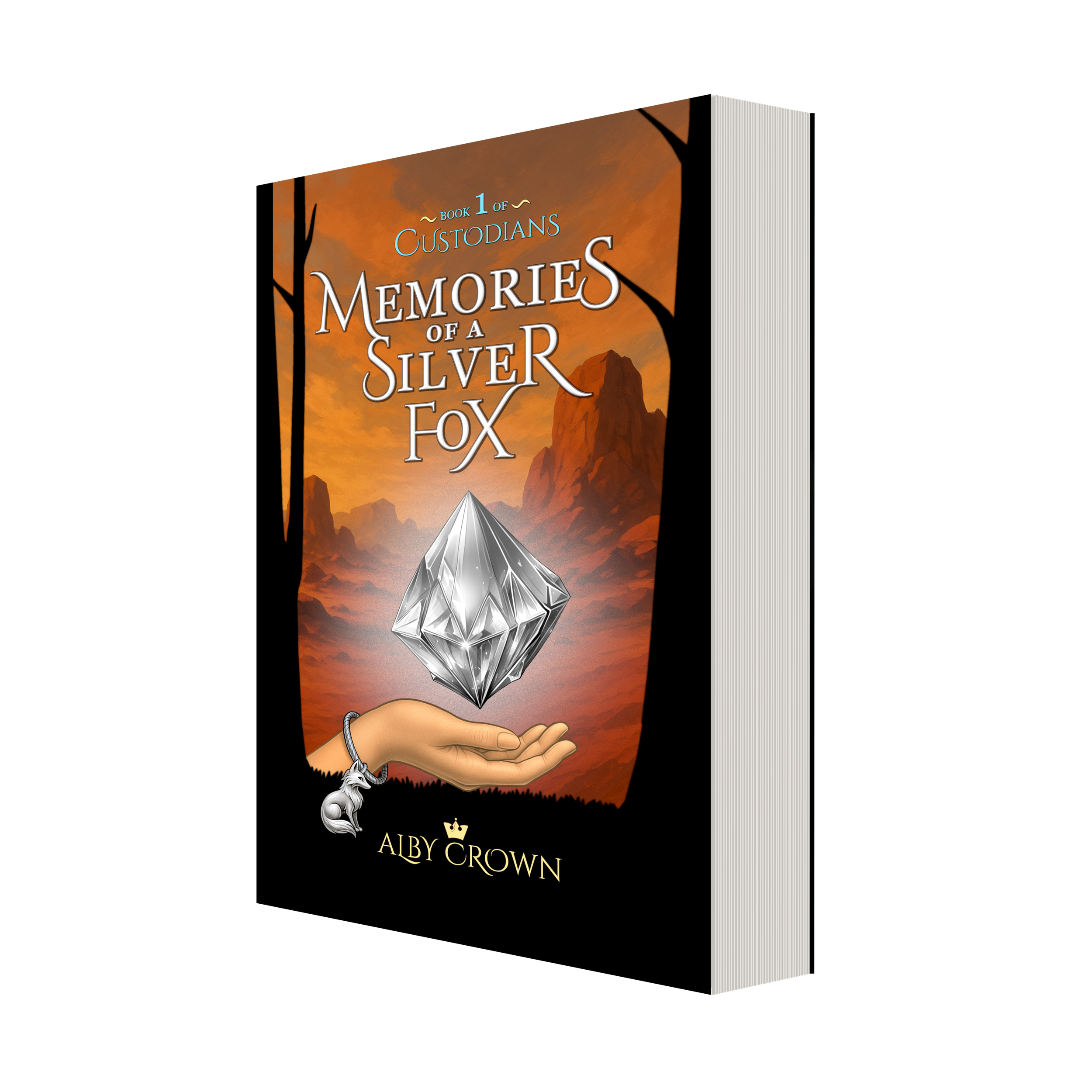 A book titled 'Memories of a Silver Fox' by Alby Crown, with a cover illustration of a hand with a silver fox charm holding a large crystal, set against a mountain landscape with orange sand. It is the first fook in a series called Custodians.