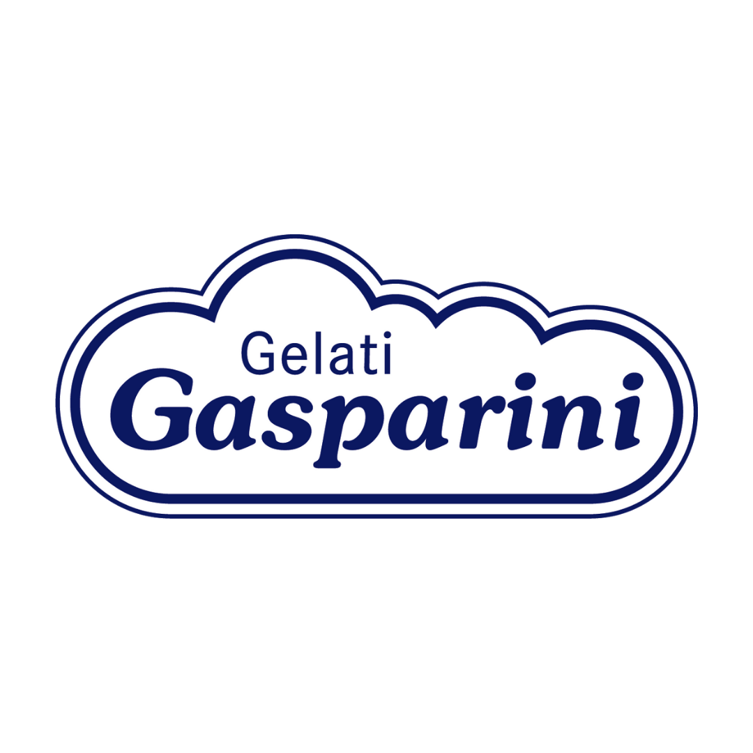 Logo mit dem Text "Gelati Gasparini" in blauer Schrift, umrahmt von einer Wolkenform in Blau und Weiß.