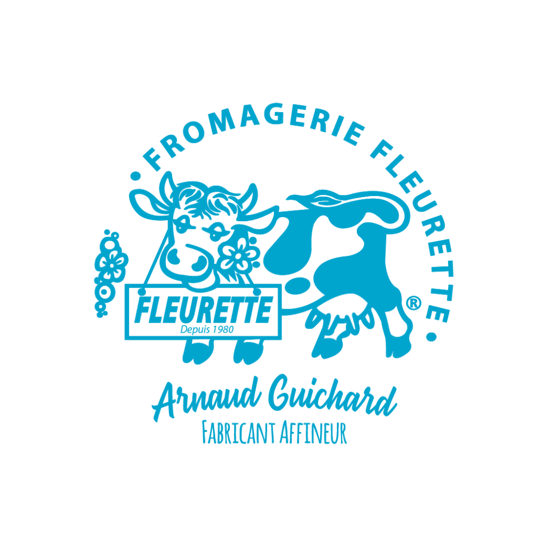 Logo der französischen Käsemarke Fleurette mit einer blaublauen Kuh und Text auf schwarzem Hintergrund.