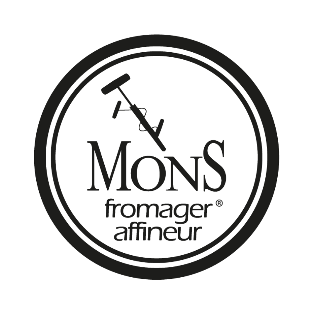 Schwarzes und weißes Logo mit    Uhr-Design, das die Worte "Mons fromager affineur" und ein Messer zeigt.