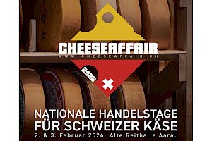Bild zeigt eine Ankündigung für die Cheese Fair in Aarau, Schweiz, vom 2. bis 3. Februar 2020, mit vielen kleinen Käsekästchen im Hintergrund.