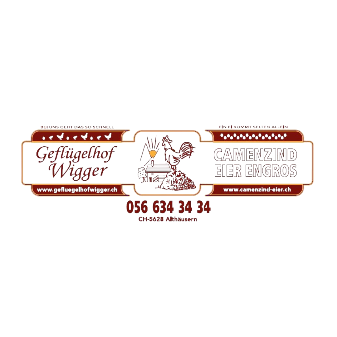 Logo von Flugplatz Wigger und Camenzind Ferngas mit Cartoon-Huhn auf einem Haufen von Getreide, Kontaktinformationen und Webseiten-URLs.
