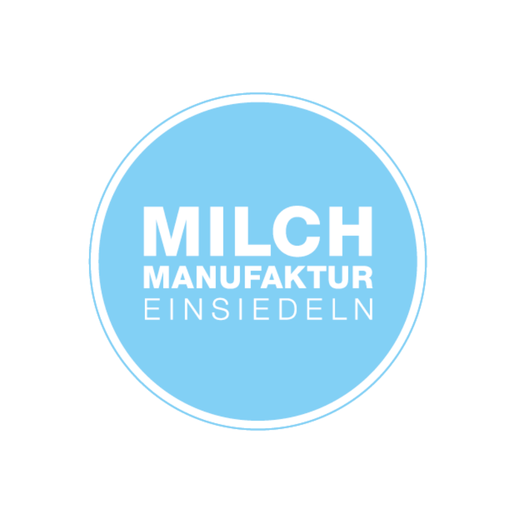 Logo der Molkerei Milch Fabrik Einsiedeln in blauer Farbe mit weißen Text.