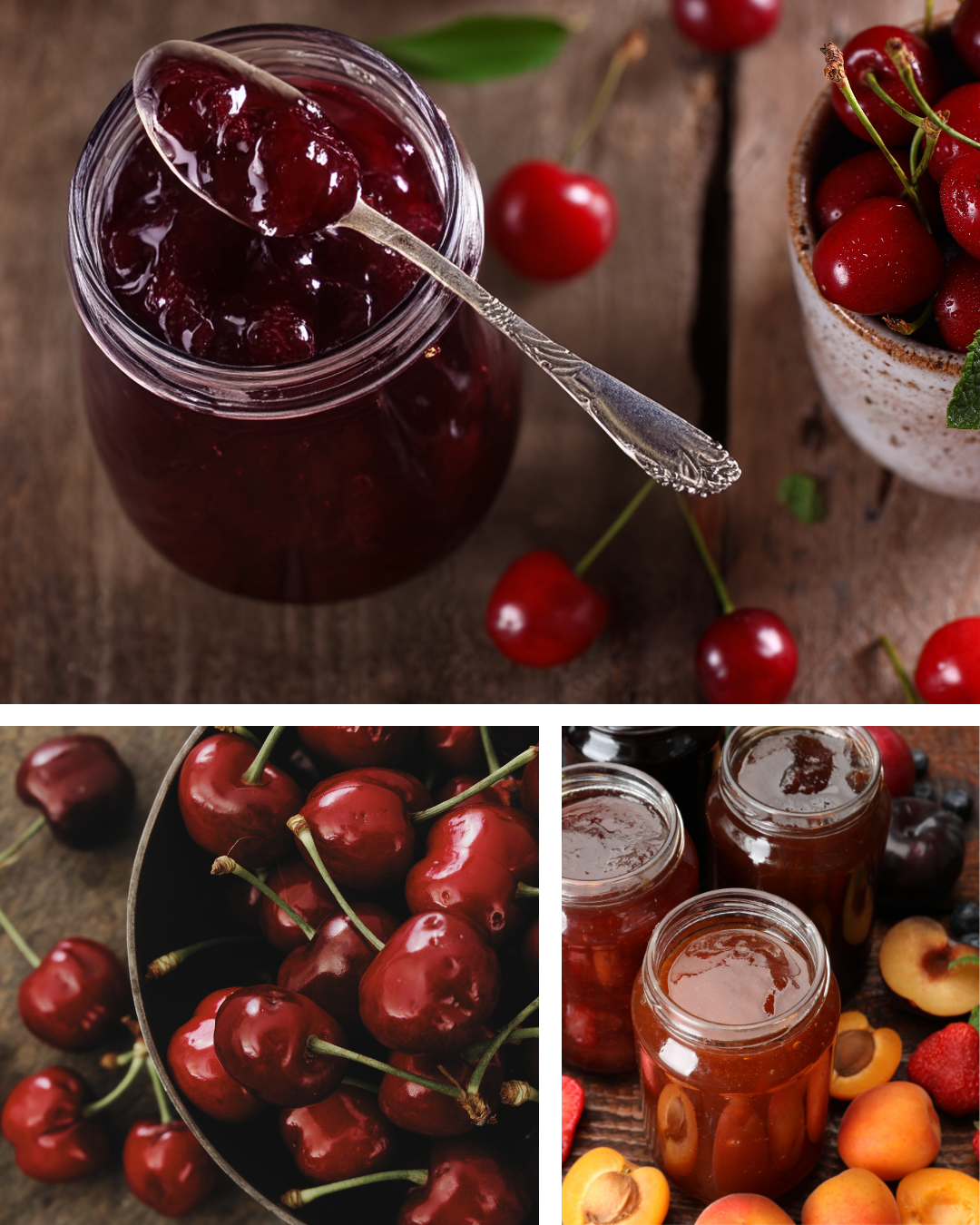 Verschiedene Gläser und Töpfe mit Kirschmarmelade, frische Kirschen und Aprikosen