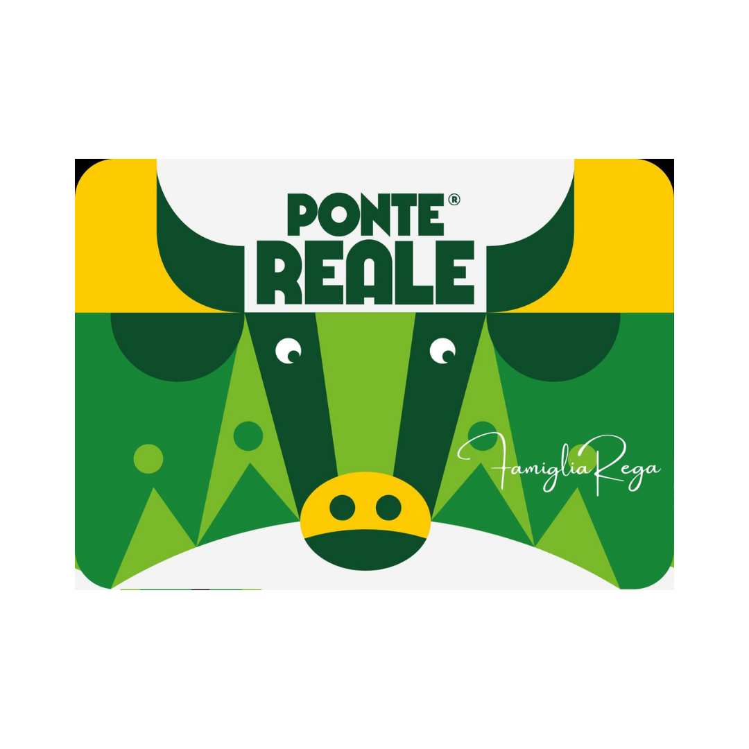 Illustration einer grünen Verpackung mit dem Text "Ponte Reale" und einem cartoonartigen Tiergesicht, wahrscheinlich eines Rehs oder Hirsches, im minimalistischen Stil.