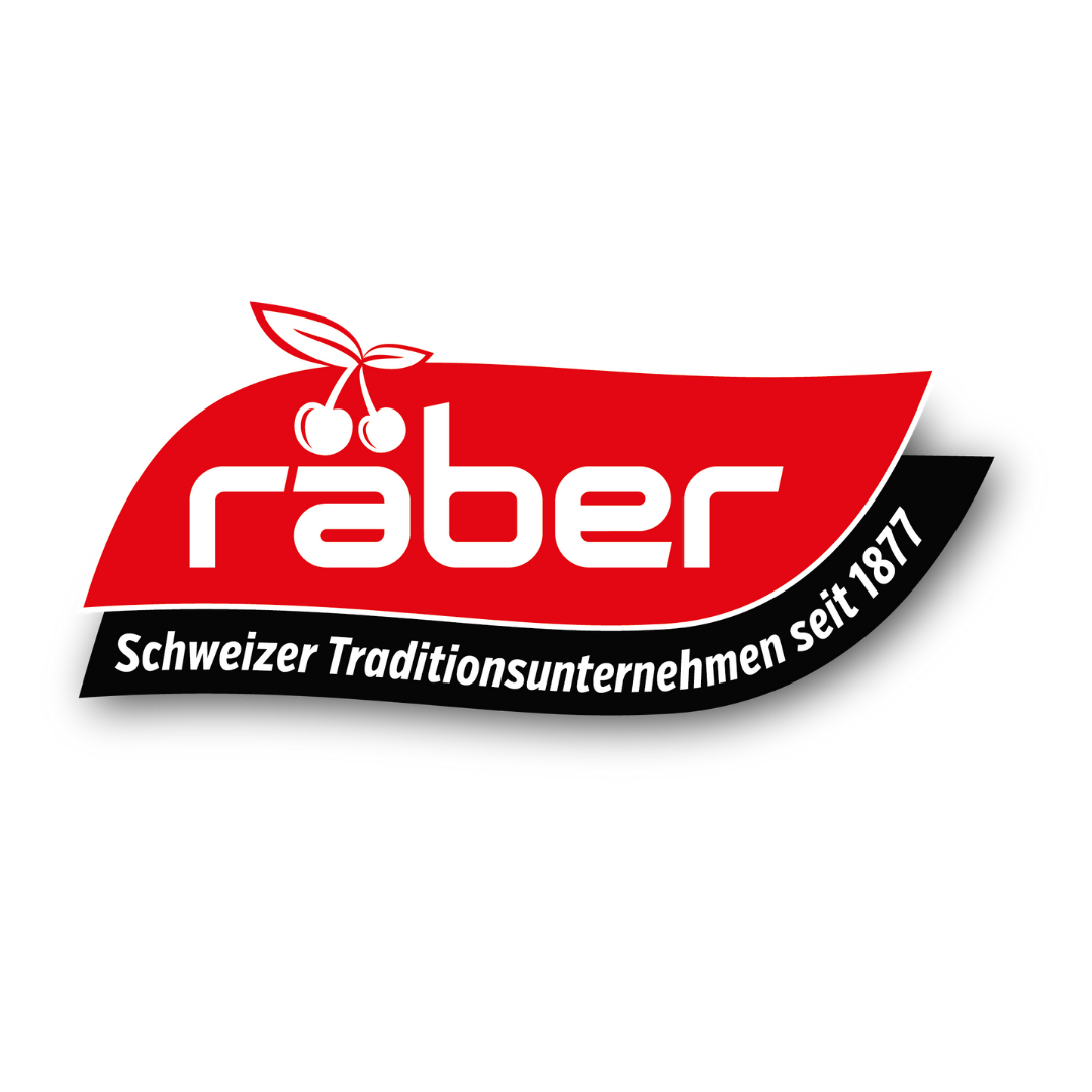 Logo der Schweizer Marke R ä b e r mit einem roten und weißen Design, einer Kirsche und dem Text 'Schweizer Traditionsunternehmen seit 1871'.